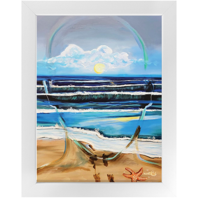 Contemporary painting of a male face formed by ocean waves with a glowing sun in the mind, symbolizing peace, focus, introspection, and emotional flow