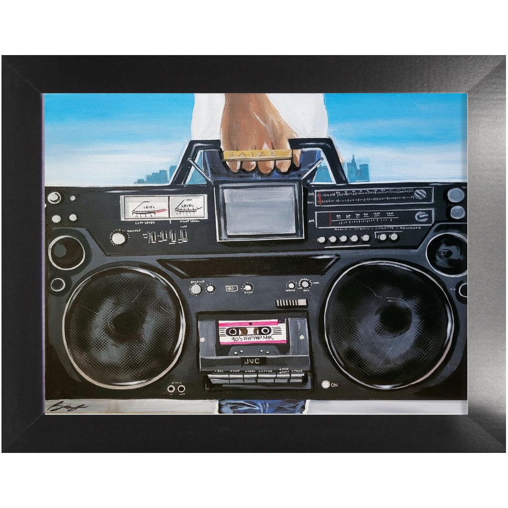 Painting titled “My Boom Box” showing a man in a white T-shirt holding a boombox with a BAIZE ring on his fingers and a faint city skyline in the background.