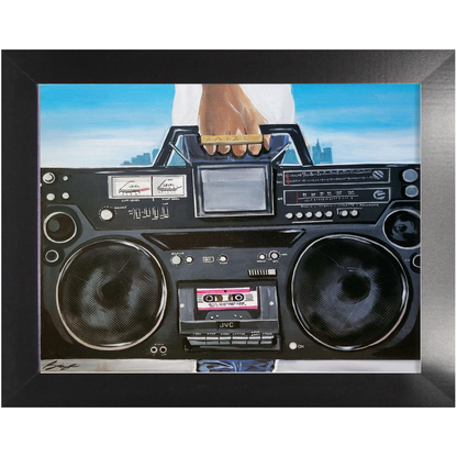 Painting titled “My Boom Box” showing a man in a white T-shirt holding a boombox with a BAIZE ring on his fingers and a faint city skyline in the background.