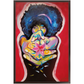 Painting titled “The Love Chamber” showing a Black woman with a star-filled Afro in a shooting pose, firing flower petals instead of bullets, symbolizing love and power.