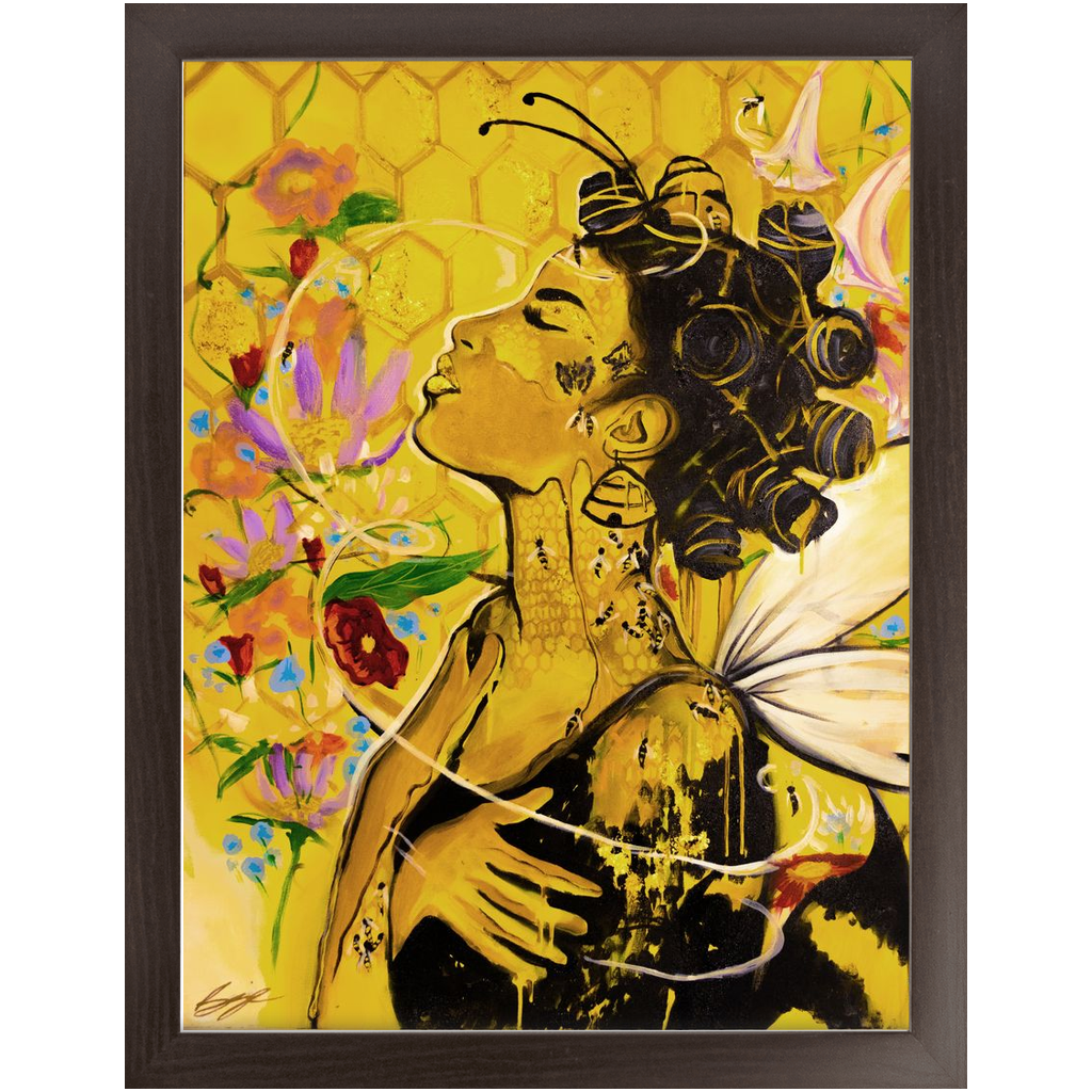 Painting titled “Angelic Butterfly” showing a Black woman with bantu knots, honey-dipped skin, butterfly wings, gold flakes, and bees in a bright yellow setting.