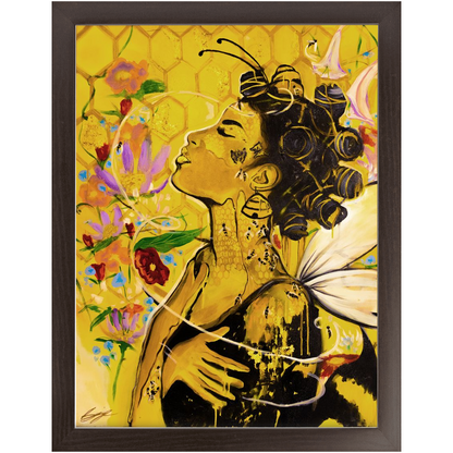 Painting titled “Angelic Butterfly” showing a Black woman with bantu knots, honey-dipped skin, butterfly wings, gold flakes, and bees in a bright yellow setting.