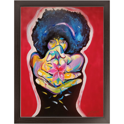 Painting titled “The Love Chamber” showing a Black woman with a star-filled Afro in a shooting pose, firing flower petals instead of bullets, symbolizing love and power.