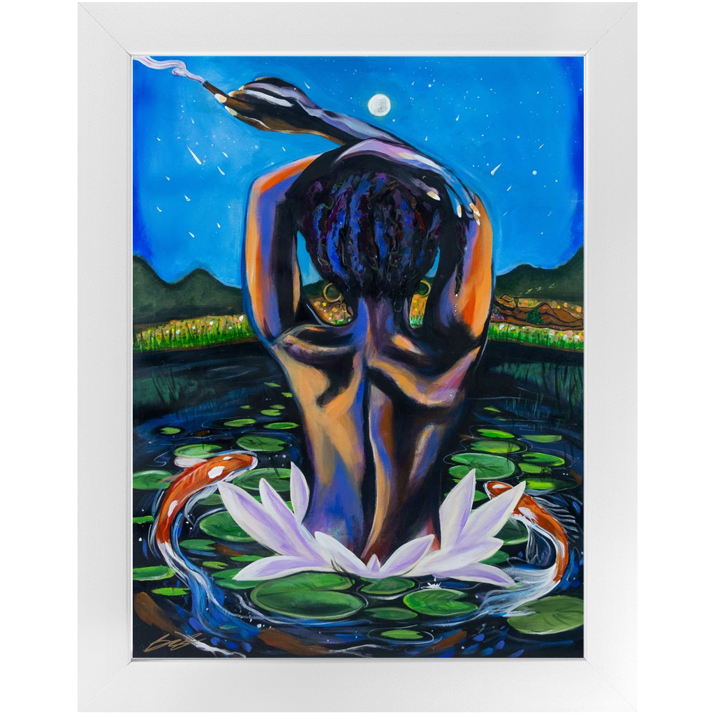 Painting titled “Twilight” showing a melanin-rich woman in water surrounded by lily pads and koi fish, with a man slumbering on the distant bank, dreaming of her.