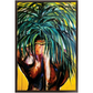 Painting titled “Throwing Shade” showing a solitary male figure with a strong back and palm tree hair, wearing a gold chain against a bright yellow tropical background.