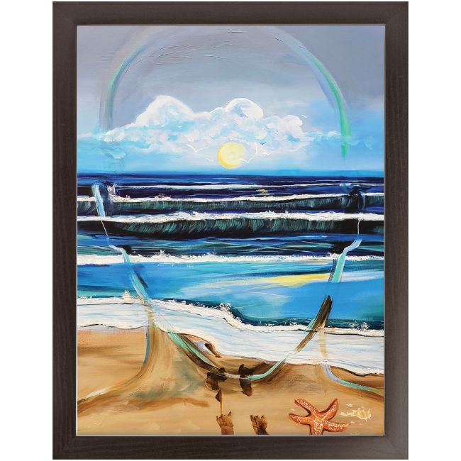 Contemporary painting of a male face formed by ocean waves with a glowing sun in the mind, symbolizing peace, focus, introspection, and emotional flow