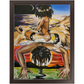 Painting titled “Mystic Landing” showing a black queen with a flower halo riding a mystical man through clouds, with lions symbolizing divine strength.