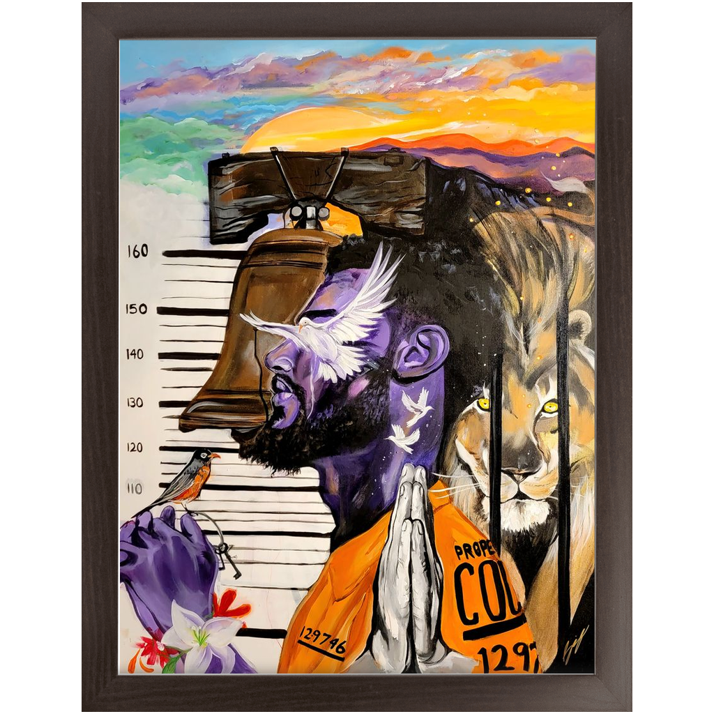 Painting titled “Give Me Liberty” showing a male in a prison jumpsuit kneeling in prayer with a symbolic lion behind bars, liberty bell, and doves representing freedom.
