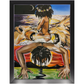 Painting titled “Mystic Landing” showing a black queen with a flower halo riding a mystical man through clouds, with lions symbolizing divine strength.
