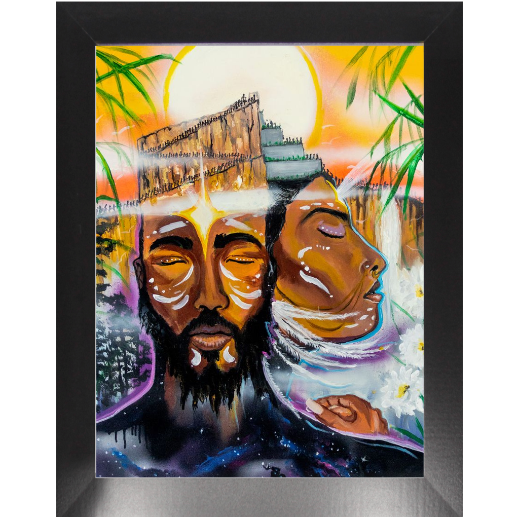 Painting titled “Grand Rising” showing a meditative King and Queen with pyramid mounds on their heads as people ascend toward the rising sun in spiritual unity.