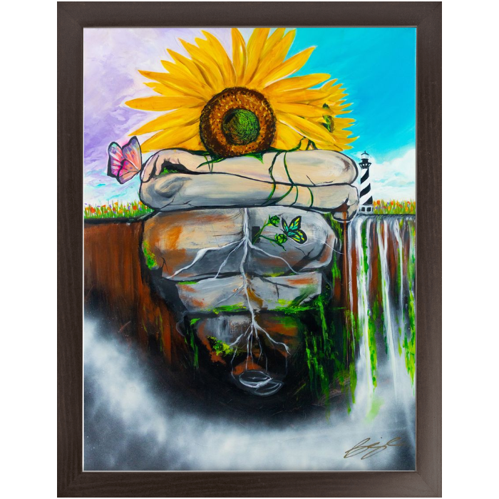 "Surreal painting of two sunflowers growing through stone, symbolizing love, growth, and life with butterflies and a heart-shaped door."