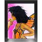 Surreal painting titled “Angelic Butterfly” showing a male hand holding a sunflower toward a Black woman depicted as a butterfly, symbolizing love and transformation.