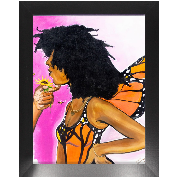 Surreal painting titled “Angelic Butterfly” showing a male hand holding a sunflower toward a Black woman depicted as a butterfly, symbolizing love and transformation.