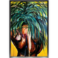 Painting titled “Throwing Shade” showing a solitary male figure with a strong back and palm tree hair, wearing a gold chain against a bright yellow tropical background.