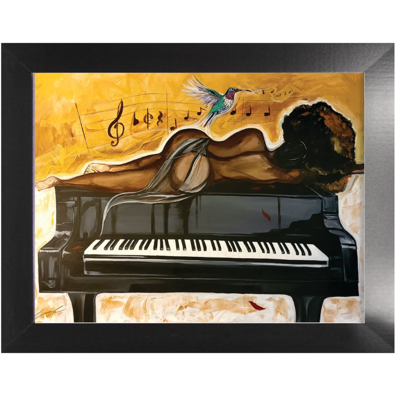 Original acrylic painting of a dark-skinned Black woman with natural afro hair resting on a black grand piano, draped in sheer silk fabric, as a hummingbird serenades above her head.