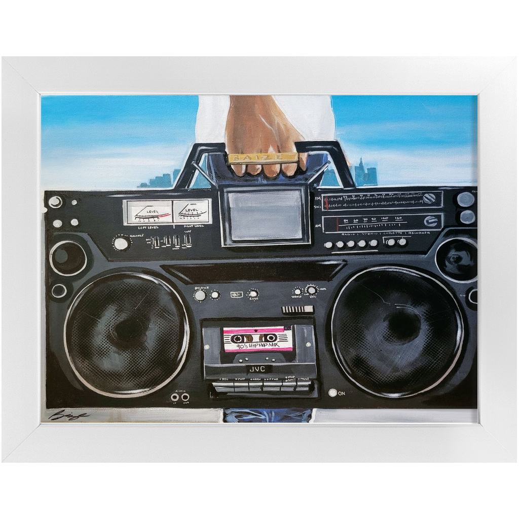 Painting titled “My Boom Box” showing a man in a white T-shirt holding a boombox with a BAIZE ring on his fingers and a faint city skyline in the background.