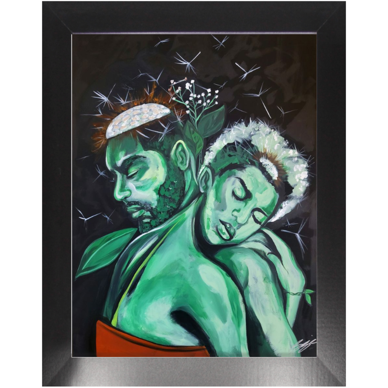 Painting titled “The Prototype” showing a green abstract couple as dandelions planted in an orange flower pot, symbolizing connection, authenticity, and growth.
