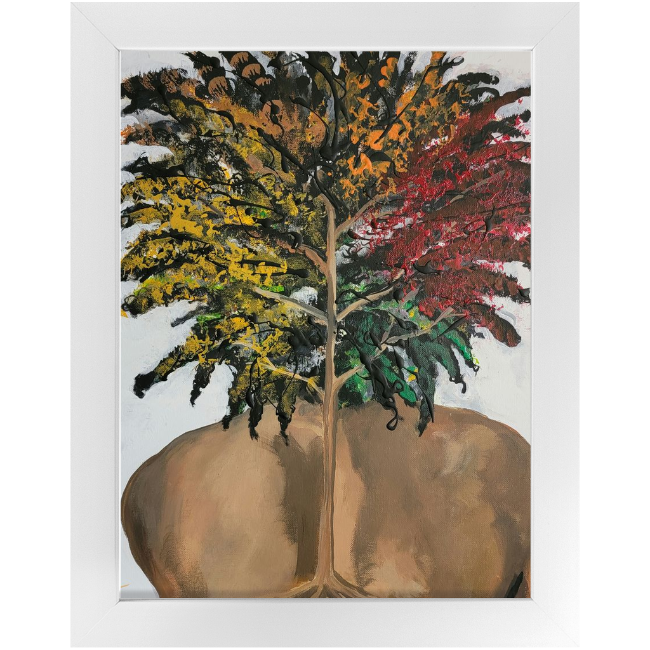 Conceptual painting titled “Phases” showing a strong human back merging into tree roots, with Afro-textured hair in seasonal colors symbolizing nature’s cycles.