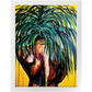 Painting titled “Throwing Shade” showing a solitary male figure with a strong back and palm tree hair, wearing a gold chain against a bright yellow tropical background.