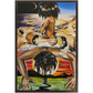 Painting titled “Mystic Landing” showing a black queen with a flower halo riding a mystical man through clouds, with lions symbolizing divine strength.