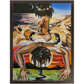 Painting titled “Mystic Landing” showing a black queen with a flower halo riding a mystical man through clouds, with lions symbolizing divine strength.