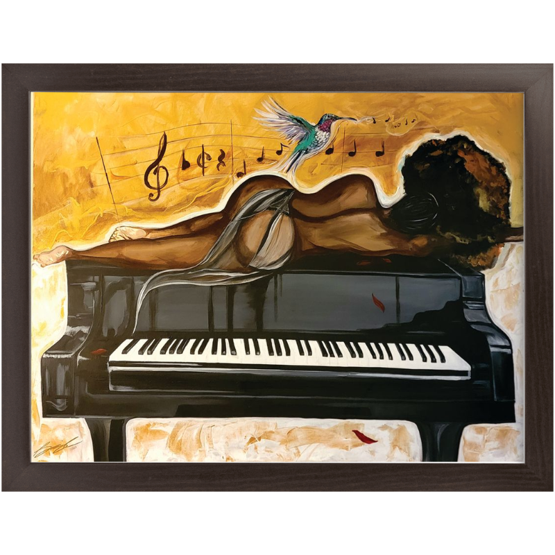 Original acrylic painting of a dark-skinned Black woman with natural afro hair resting on a black grand piano, draped in sheer silk fabric, as a hummingbird serenades above her head.