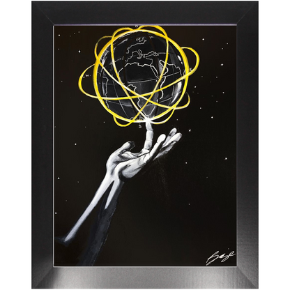 Silhouette painting titled “Destiny Control” showing a male hand spinning a globe-shaped basketball on one finger, symbolizing mastery and human potential.