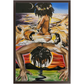 Painting titled “Mystic Landing” showing a black queen with a flower halo riding a mystical man through clouds, with lions symbolizing divine strength.