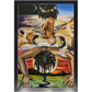 Painting titled “Mystic Landing” showing a black queen with a flower halo riding a mystical man through clouds, with lions symbolizing divine strength.