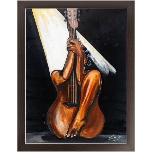 Abstract painting titled “Fine Tuned” showing a woman’s curved body merged with a guitar’s form, one leg extending upward into the neck of the instrument.