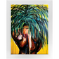 Painting titled “Throwing Shade” showing a solitary male figure with a strong back and palm tree hair, wearing a gold chain against a bright yellow tropical background.