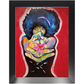 Painting titled “The Love Chamber” showing a Black woman with a star-filled Afro in a shooting pose, firing flower petals instead of bullets, symbolizing love and power.