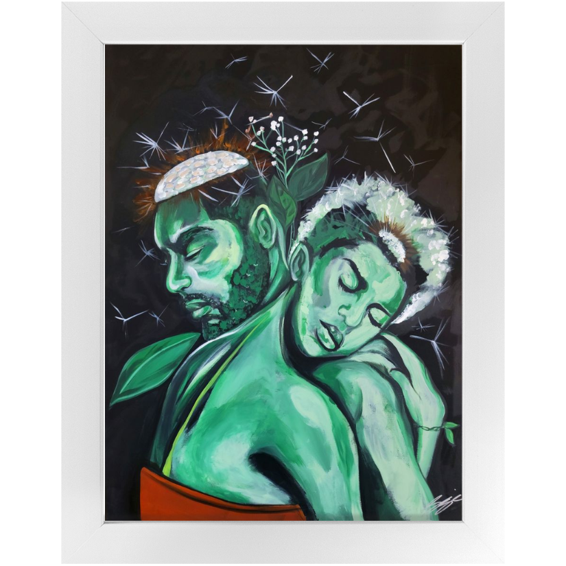 Painting titled “The Prototype” showing a green abstract couple as dandelions planted in an orange flower pot, symbolizing connection, authenticity, and growth.