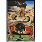 Painting titled “Mystic Landing” showing a black queen with a flower halo riding a mystical man through clouds, with lions symbolizing divine strength.