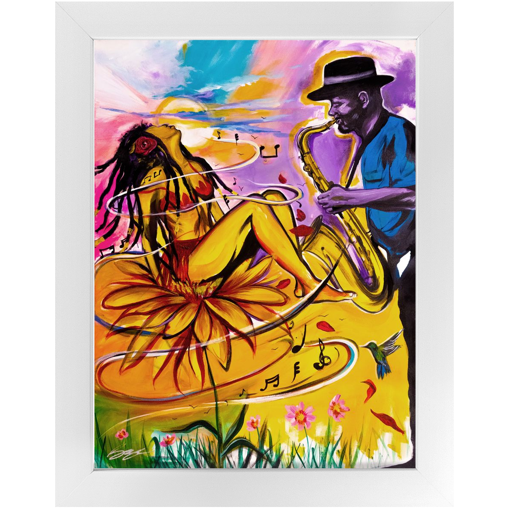 Painting titled “Special Dedication” showing a soulful saxophonist performing for a woman, capturing musical passion and emotional connection in vibrant tones.