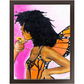 Surreal painting titled “Angelic Butterfly” showing a male hand holding a sunflower toward a Black woman depicted as a butterfly, symbolizing love and transformation.