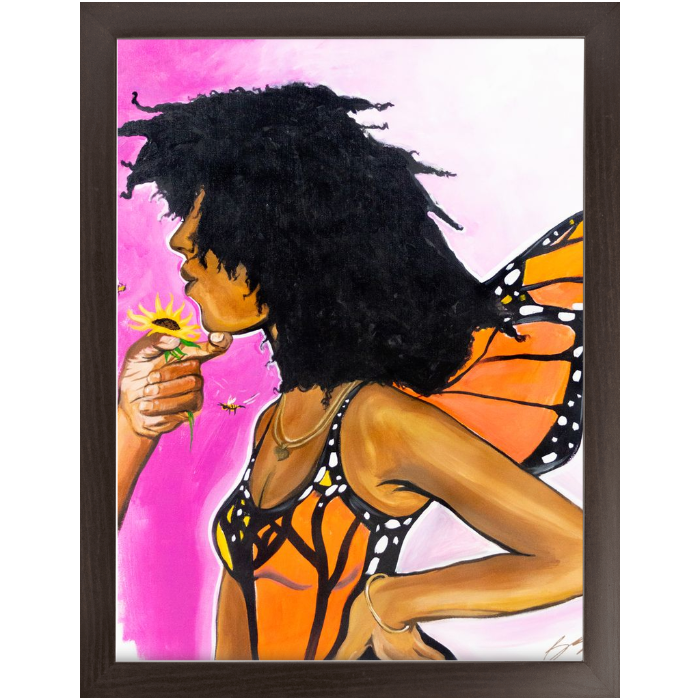 Surreal painting titled “Angelic Butterfly” showing a male hand holding a sunflower toward a Black woman depicted as a butterfly, symbolizing love and transformation.
