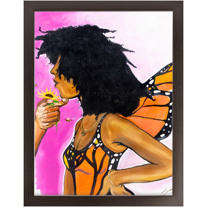 Surreal painting titled “Angelic Butterfly” showing a male hand holding a sunflower toward a Black woman depicted as a butterfly, symbolizing love and transformation.
