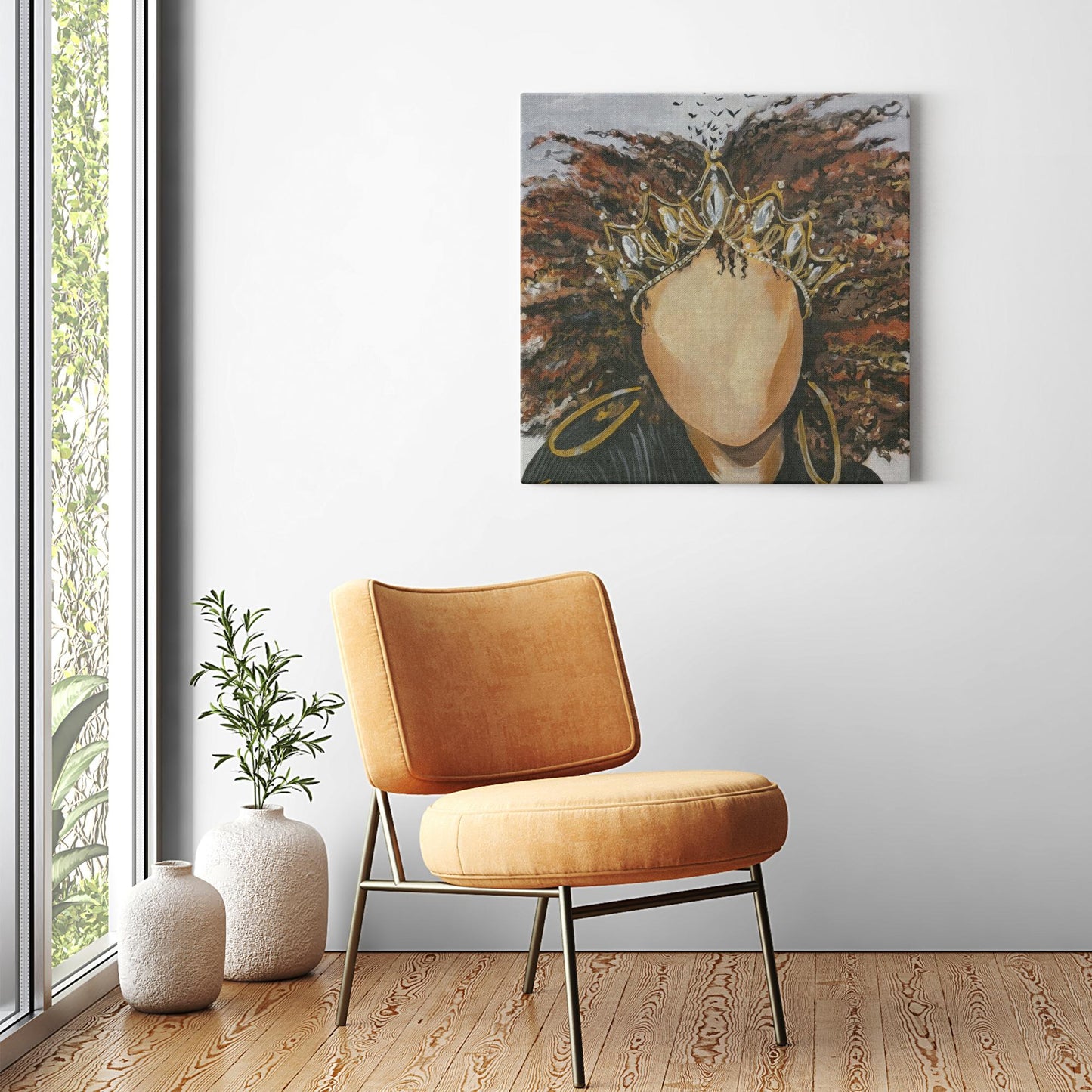 Painting titled “Queen’s Reflection” showing a faceless crowned woman with flowing hair that transitions into birds flying into the mist.