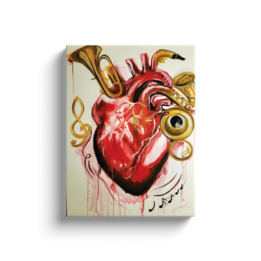 Abstract painting titled “From the Heart” showing musical instruments shaped like parts of a human heart—flutes, horns, and drums merging in surreal form.