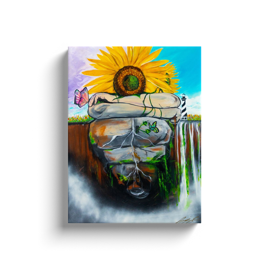 Surreal painting of two sunflowers growing through stone, symbolizing love, growth, and life with butterflies and a door, representing the heart."