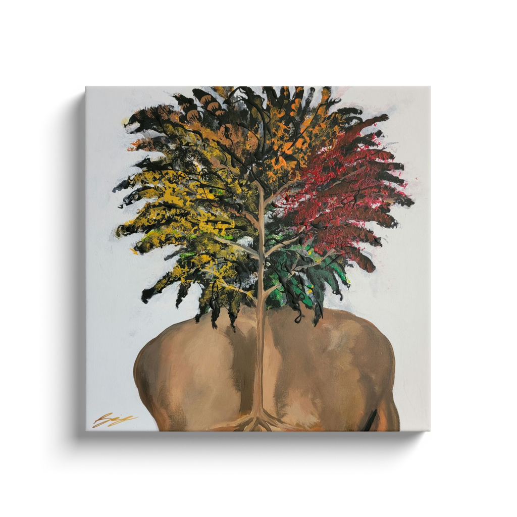 "Surreal painting of two sunflowers growing through stone, symbolizing love, growth, and life with butterflies and a  door entrance to an open heart."