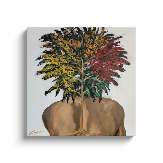 "Surreal painting of two sunflowers growing through stone, symbolizing love, growth, and life with butterflies and a  door entrance to an open heart."