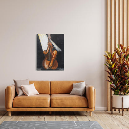 Abstract painting titled “Fine Tuned” showing a woman’s curved body merged with a guitar’s form, one leg extending upward into the neck of the instrument.