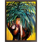 Painting titled “Throwing Shade” showing a solitary male figure with a strong back and palm tree hair, wearing a gold chain against a bright yellow tropical background.