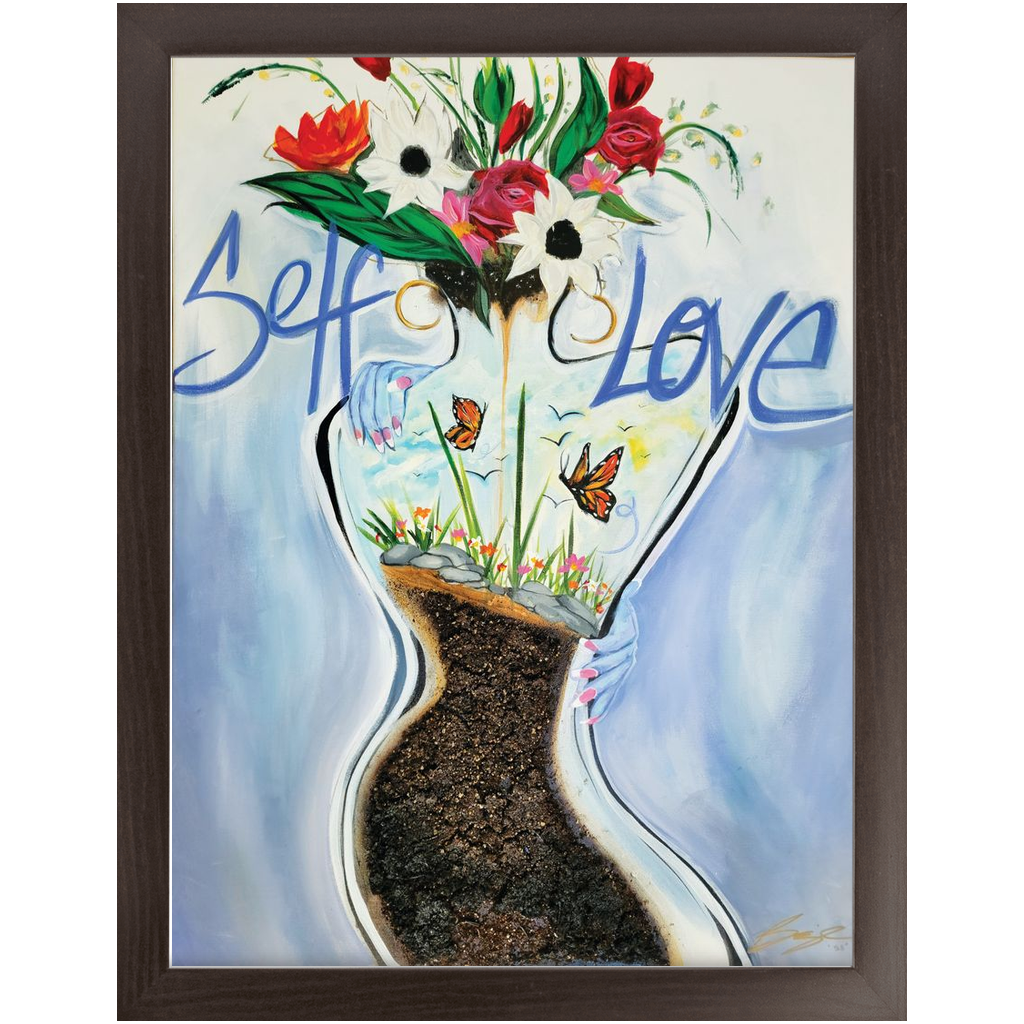 Painting titled “Self Love” depicting a woman’s blue-outlined back shaped like a flower vase, filled with soil, flowers, butterflies, and sky elements, symbolizing inner growth and harmony.