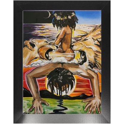 Painting titled “Mystic Landing” showing a black queen with a flower halo riding a mystical man through clouds, with lions symbolizing divine strength.
