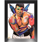 Expressionist painting of a powerful boxer mid-shout wearing red gloves, with butterfly-like wings symbolizing strength and grace.