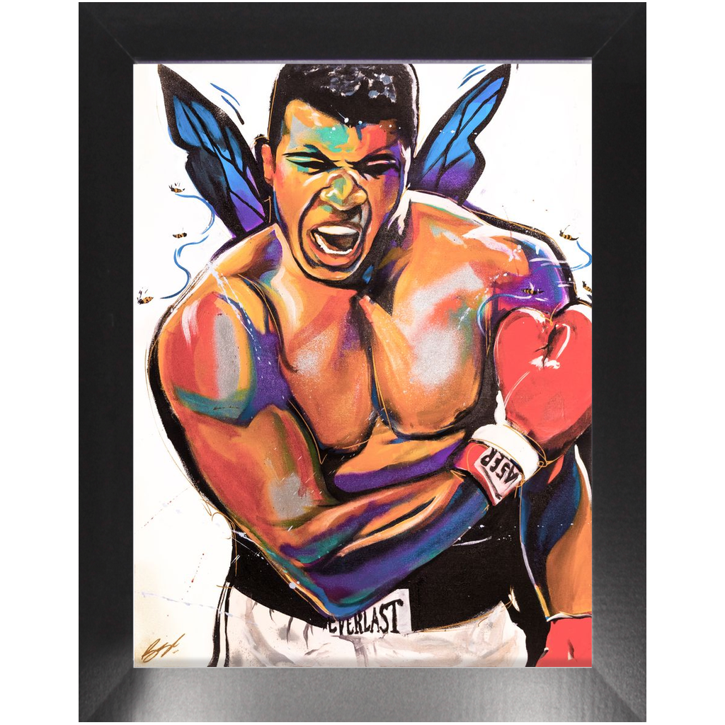 Expressionist painting of a powerful boxer mid-shout wearing red gloves, with butterfly-like wings symbolizing strength and grace.