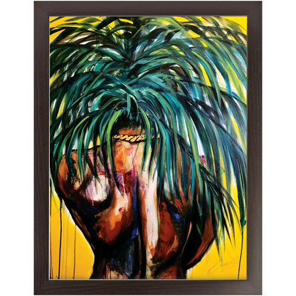 Painting titled “Throwing Shade” showing a solitary male figure with a strong back and palm tree hair, wearing a gold chain against a bright yellow tropical background.